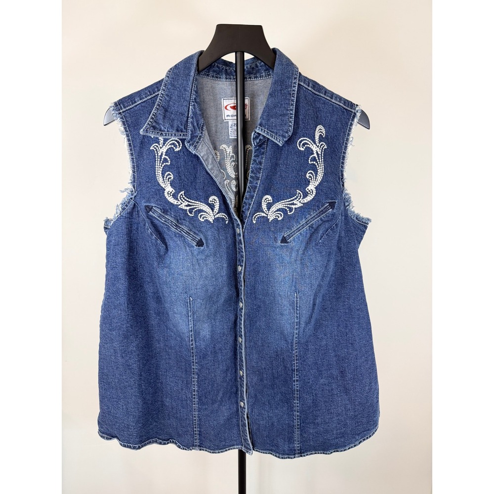 Roper Western Denim Vest Women 2XL Blue Embroidered Sleeveless Snap Front Cotton